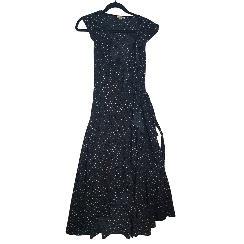 Max Studio Midi Polka Dot Wrap Dress XS Black Ruffle High Low Hem Sleeveless
